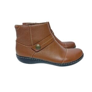Clarks Collection Women’s Brown Leather Side Zip Strap Accent Ankle Boots 7.5 M
